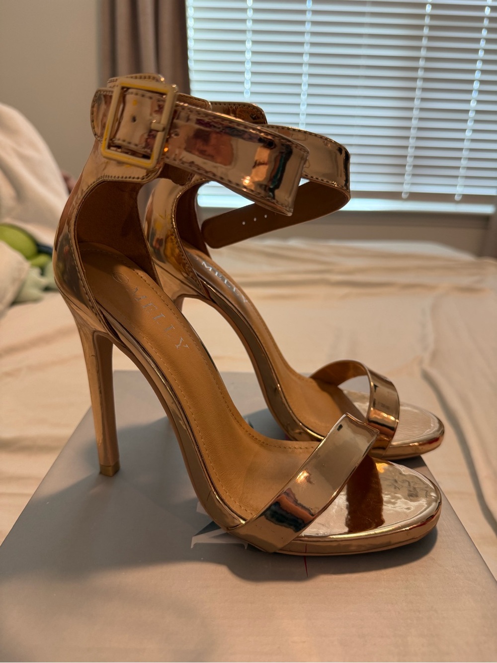 Women's Metallic Rose Gold Ankle Strap Stiletto Sandals